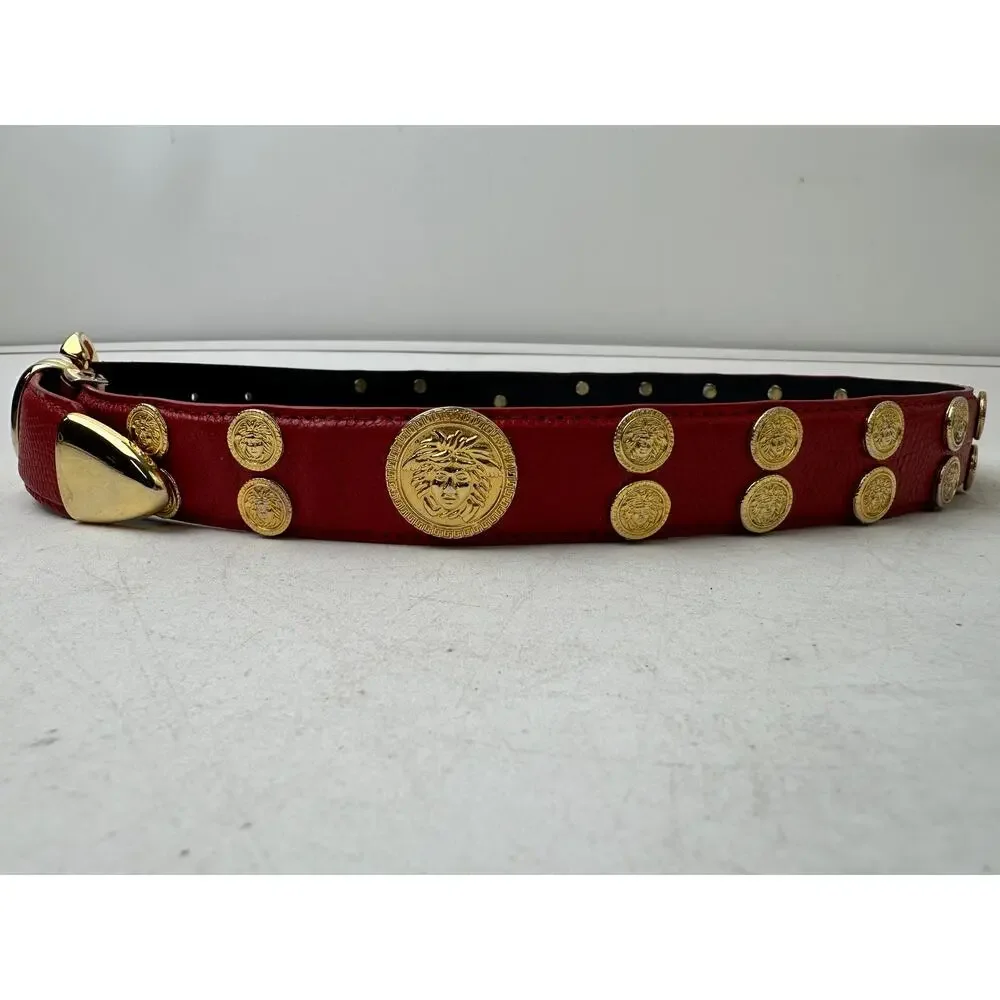 Vintage Red Leather Belt W/ Gold Medusa Medallions Sz S